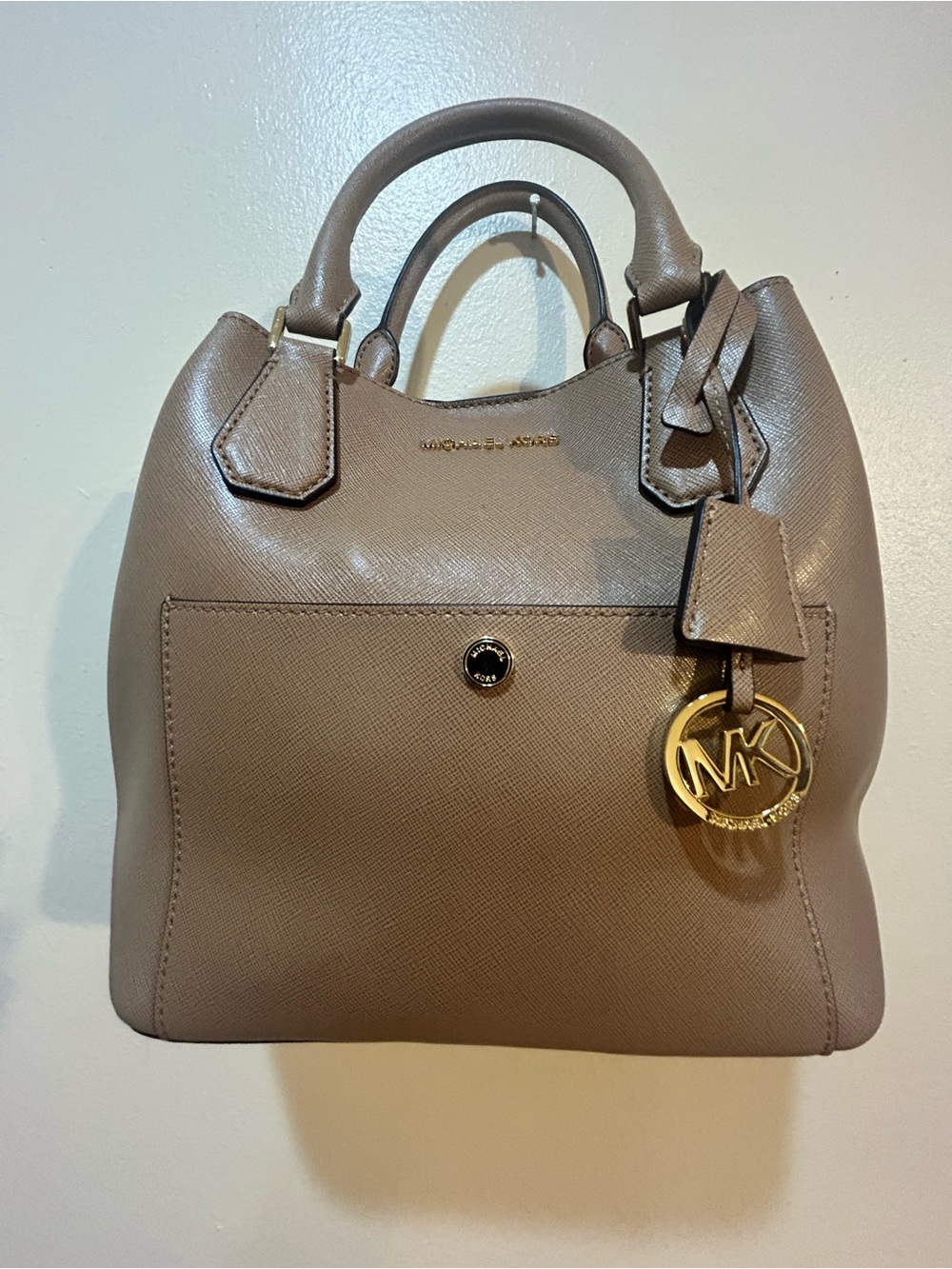 MICHAEL Michael Kors Cream and Tan Leather Satchel with Gold Hardware